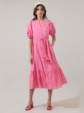 Sugarlips Beth Button Down Midi Dress Bubble Gum Pink Small New With Tags
